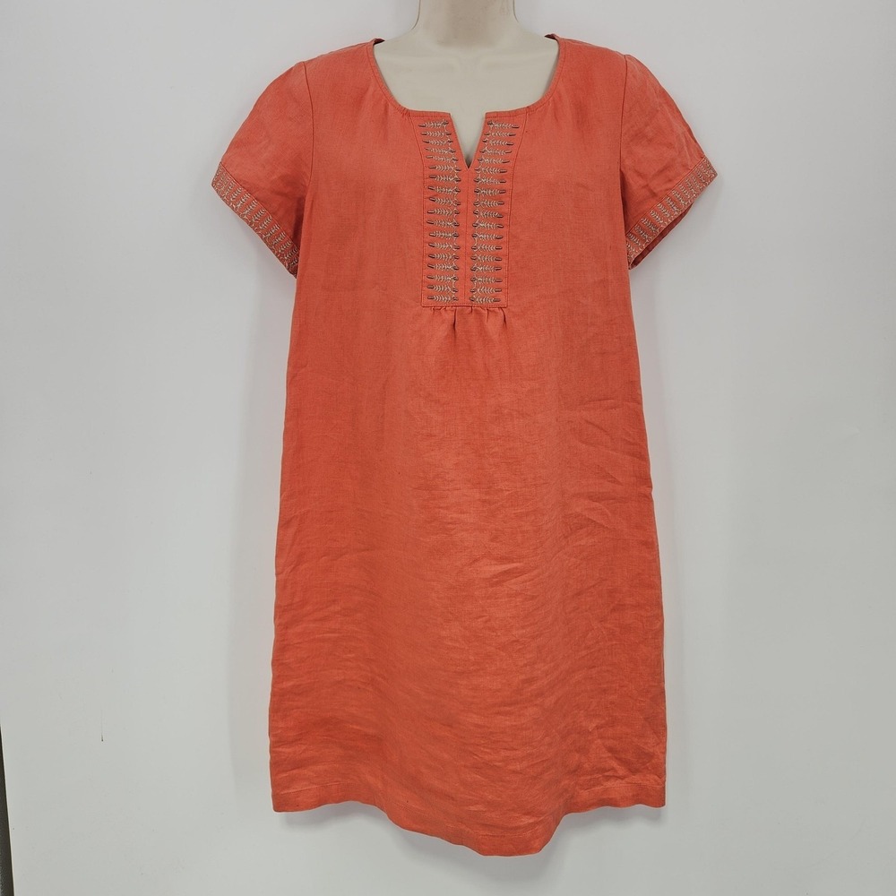 J Jill Dress Women 10 Orange Linen Embroidered Tunic Short Sleeve Boho Shift - Picture 11 of 11